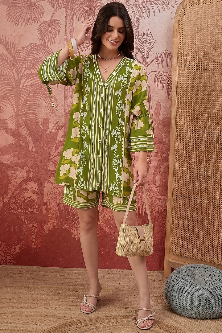Olive Green Viscose Crepe Printed Co-Ord Set by First Resort by Ramola Bachchan at Pernia's Pop Up Shop