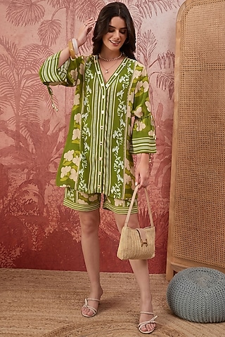 Olive Green Viscose Crepe Printed Co-Ord Set by First Resort by Ramola Bachchan
