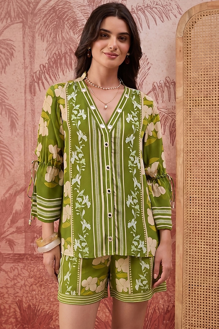 Olive Green Viscose Crepe Printed Co-Ord Set by First Resort by Ramola Bachchan at Pernia's Pop Up Shop