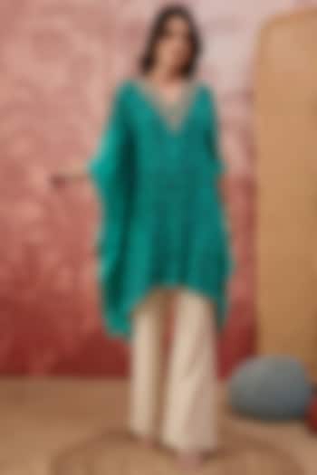 Turquoise Viscose Crepe Leopard Printed Tunic by First Resort by Ramola Bachchan at Pernia's Pop Up Shop