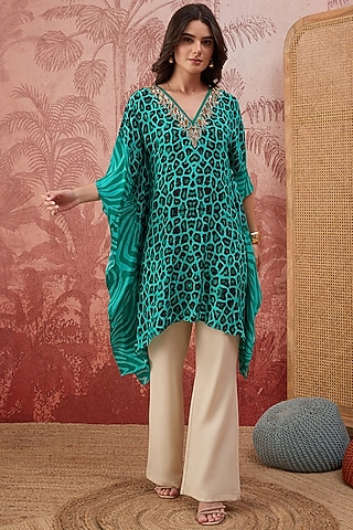 Turquoise Viscose Crepe Leopard Printed Tunic by First Resort by Ramola Bachchan