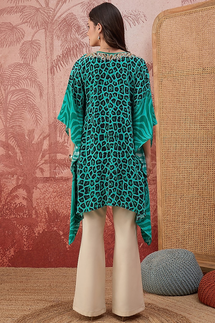 Turquoise Viscose Crepe Leopard Printed Tunic by First Resort by Ramola Bachchan at Pernia's Pop Up Shop
