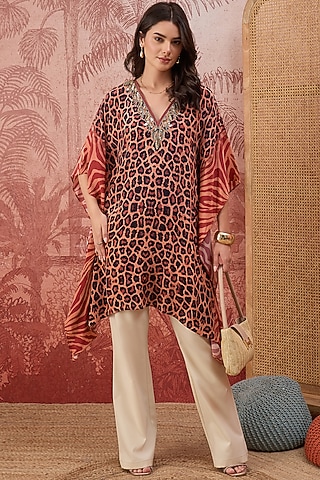 Orange Viscose Crepe Leopard Printed Tunic by First Resort by Ramola Bachchan