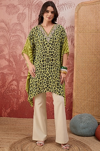 Mehendi Green Viscose Crepe Leopard Printed Tunic by First Resort by Ramola Bachchan