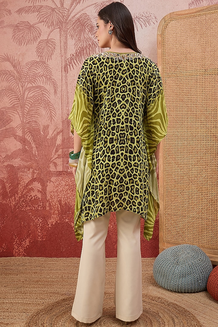 Mehendi Green Viscose Crepe Leopard Printed Tunic by First Resort by Ramola Bachchan at Pernia's Pop Up Shop