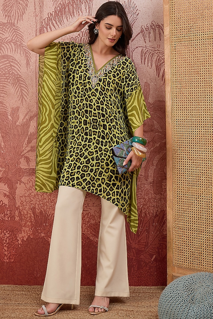 Mehendi Green Viscose Crepe Leopard Printed Tunic by First Resort by Ramola Bachchan at Pernia's Pop Up Shop