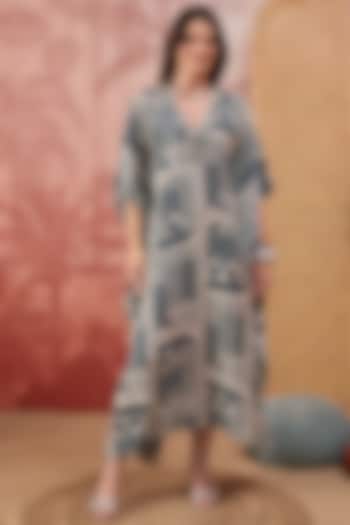 Blue & Beige Muslin Geometric Printed Kaftan by First Resort by Ramola Bachchan at Pernia's Pop Up Shop