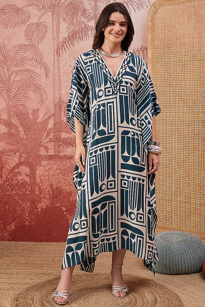 Blue & Beige Muslin Geometric Printed Kaftan by First Resort by Ramola Bachchan at Pernia's Pop Up Shop
