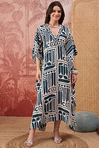 Blue & Beige Muslin Geometric Printed Kaftan by First Resort by Ramola Bachchan