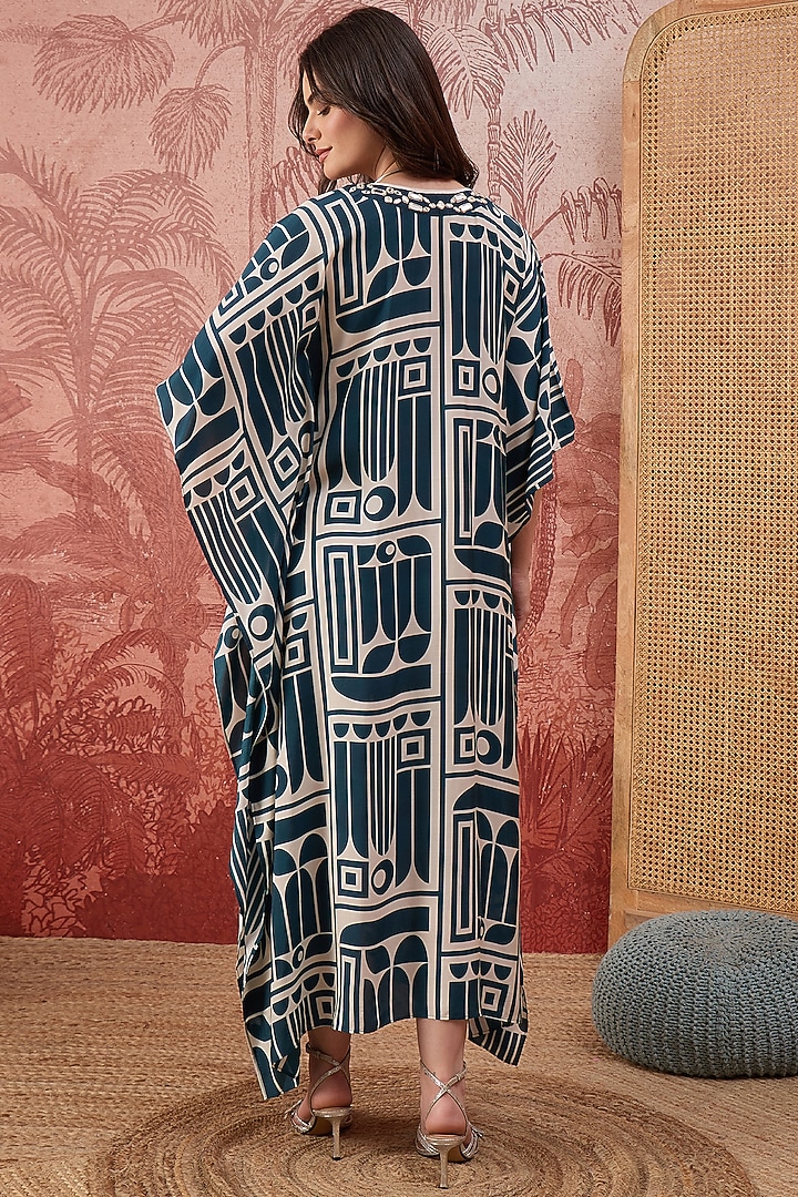 Blue & Beige Muslin Geometric Printed Kaftan by First Resort by Ramola Bachchan at Pernia's Pop Up Shop
