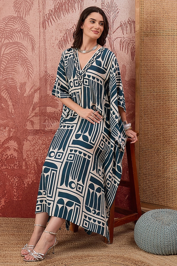 Blue & Beige Muslin Geometric Printed Kaftan by First Resort by Ramola Bachchan at Pernia's Pop Up Shop