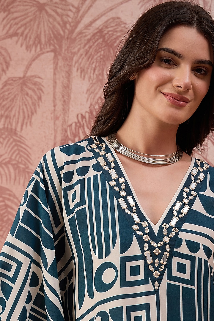 Blue & Beige Muslin Geometric Printed Kaftan by First Resort by Ramola Bachchan at Pernia's Pop Up Shop