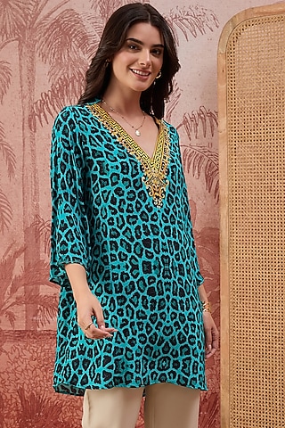 Turquoise Viscose Crepe Animal Printed Tunic by First Resort by Ramola Bachchan