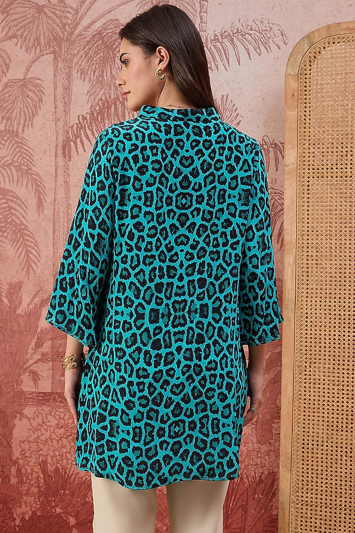 Turquoise Viscose Crepe Animal Printed Tunic by First Resort by Ramola Bachchan at Pernia's Pop Up Shop