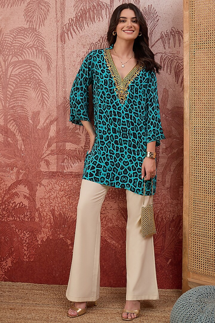 Turquoise Viscose Crepe Animal Printed Tunic by First Resort by Ramola Bachchan at Pernia's Pop Up Shop