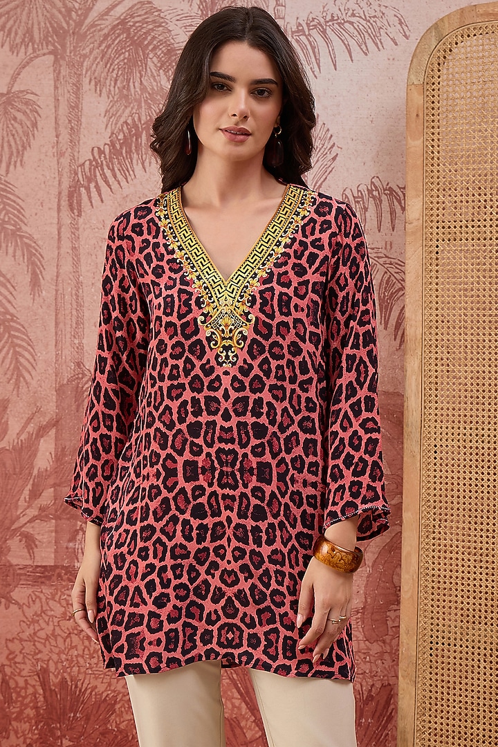 Blush Pink Viscose Crepe Animal Printed Tunic by First Resort by Ramola Bachchan at Pernia's Pop Up Shop
