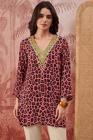 Blush Pink Viscose Crepe Animal Printed Tunic by First Resort by Ramola Bachchan