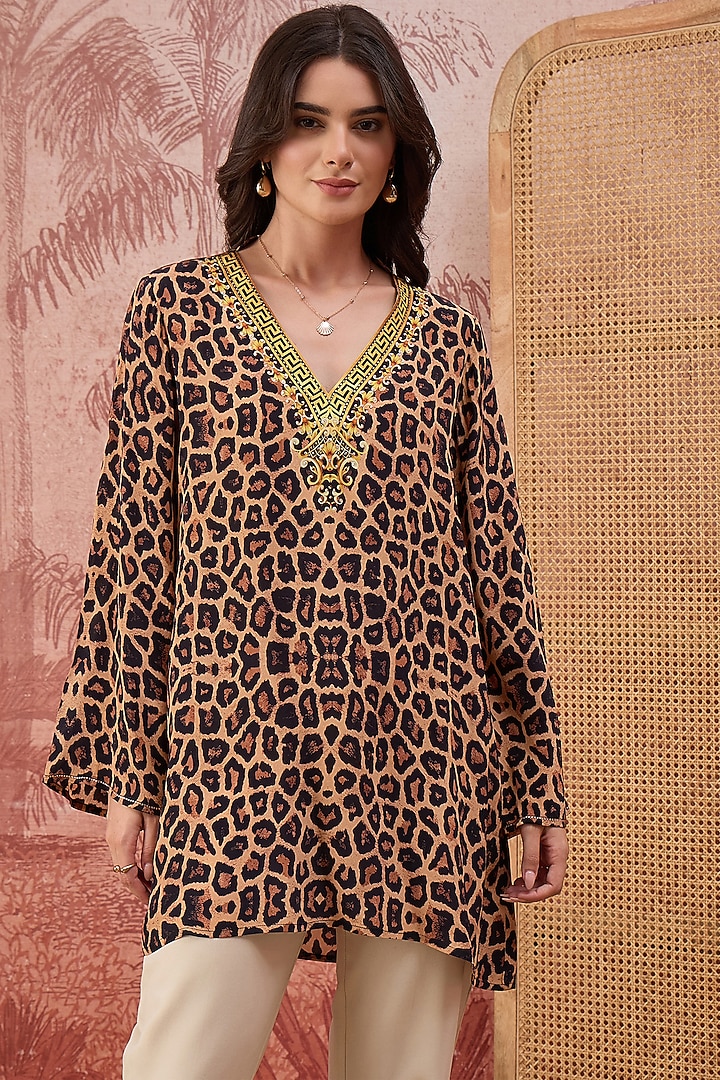 Brown Viscose Crepe Animal Printed Tunic by First Resort by Ramola Bachchan at Pernia's Pop Up Shop