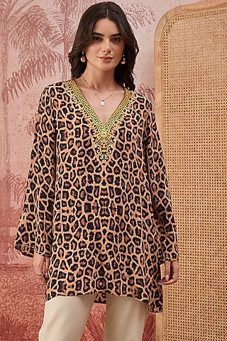 Brown Viscose Crepe Animal Printed Tunic by First Resort by Ramola Bachchan