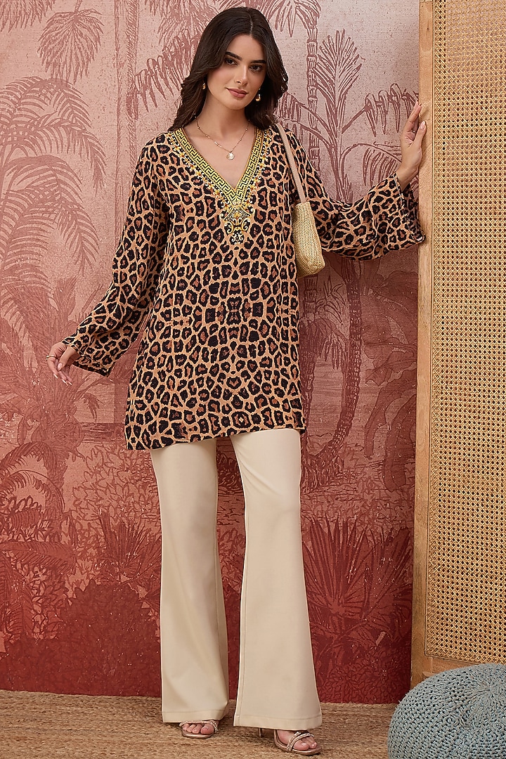 Brown Viscose Crepe Animal Printed Tunic by First Resort by Ramola Bachchan at Pernia's Pop Up Shop