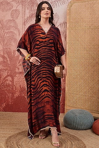 Brown Silk Crepe Printed Kaftan by First Resort by Ramola Bachchan