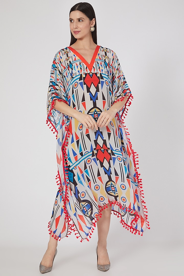 White & Orange Printed Kaftan by First Resort by Ramola Bachchan at Pernia's Pop Up Shop