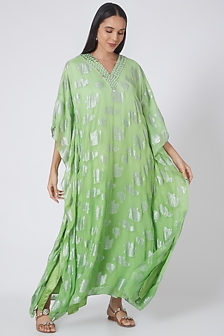 Mint Green & Silver Ombre Embroidered Kaftan by First Resort by Ramola Bachchan
