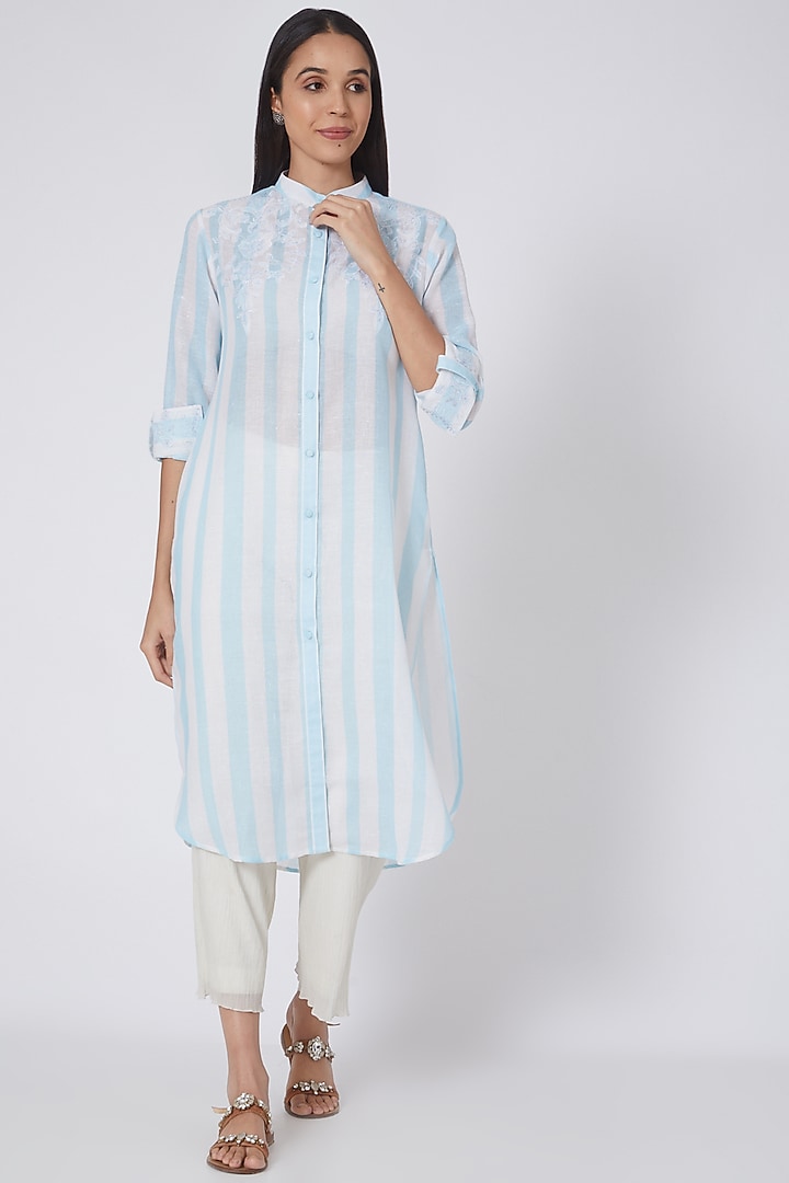 White & Sky Blue Embroidered Shirt Kurta by First Resort by Ramola Bachchan at Pernia's Pop Up Shop