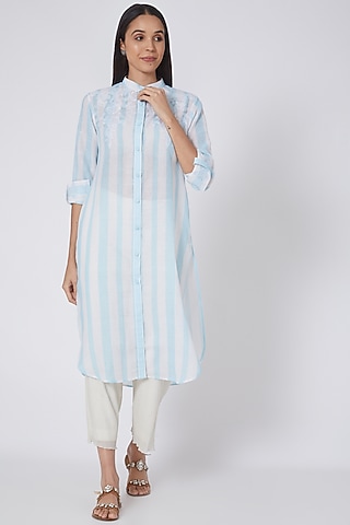 White & Sky Blue Embroidered Shirt Kurta by First Resort by Ramola Bachchan