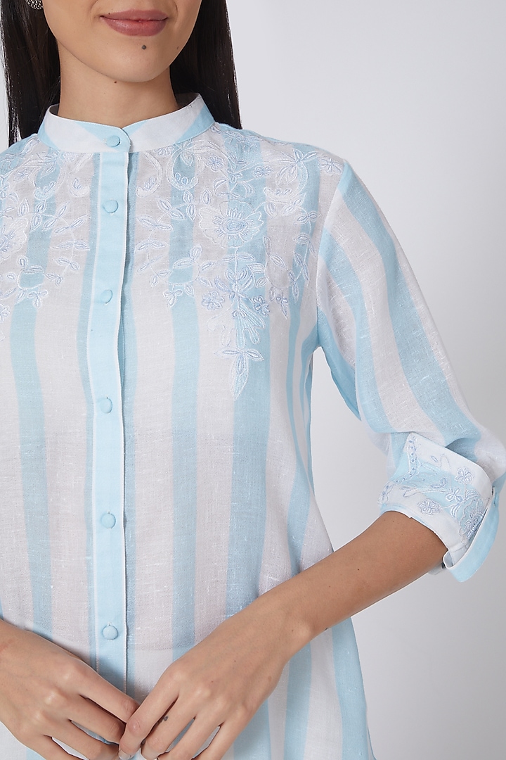 White & Sky Blue Embroidered Shirt Kurta by First Resort by Ramola Bachchan at Pernia's Pop Up Shop