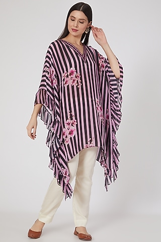 Back & Pink Printed Frill Kaftan Tunic by First Resort by Ramola Bachchan
