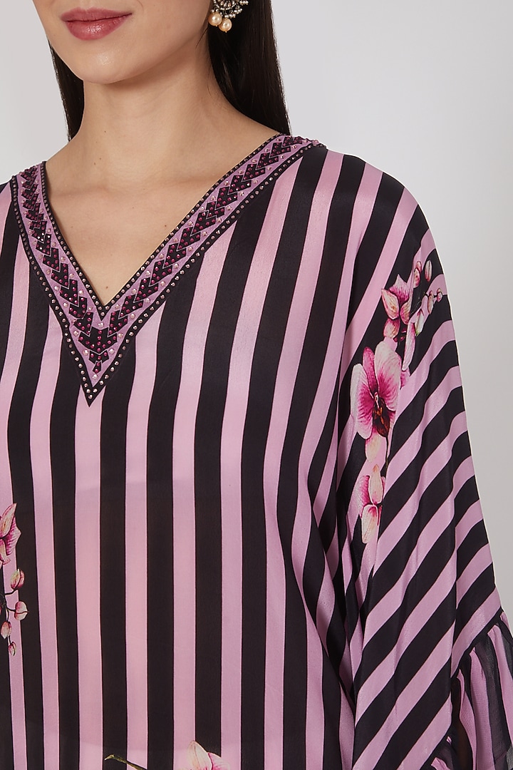 Back & Pink Printed Frill Kaftan Tunic by First Resort by Ramola Bachchan at Pernia's Pop Up Shop