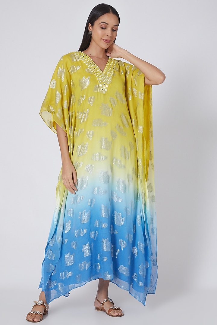 Yellow & Sky Blue Ombre Embroidered Kaftan by First Resort by Ramola Bachchan