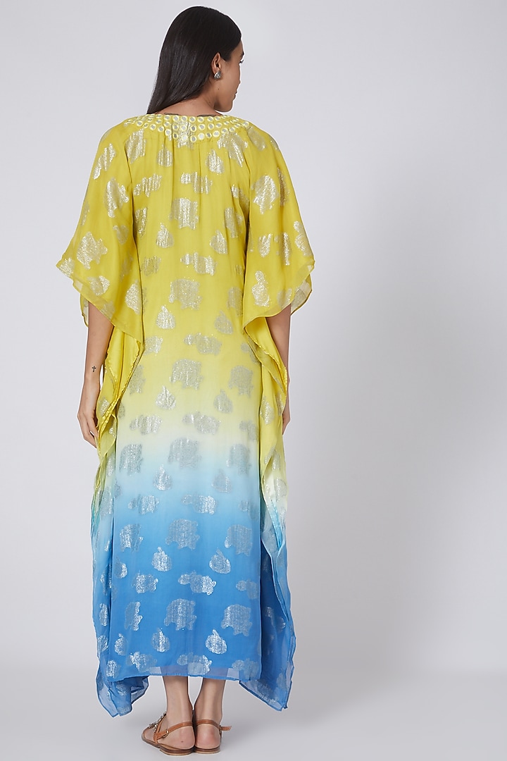 Yellow & Sky Blue Ombre Embroidered Kaftan by First Resort by Ramola Bachchan at Pernia's Pop Up Shop
