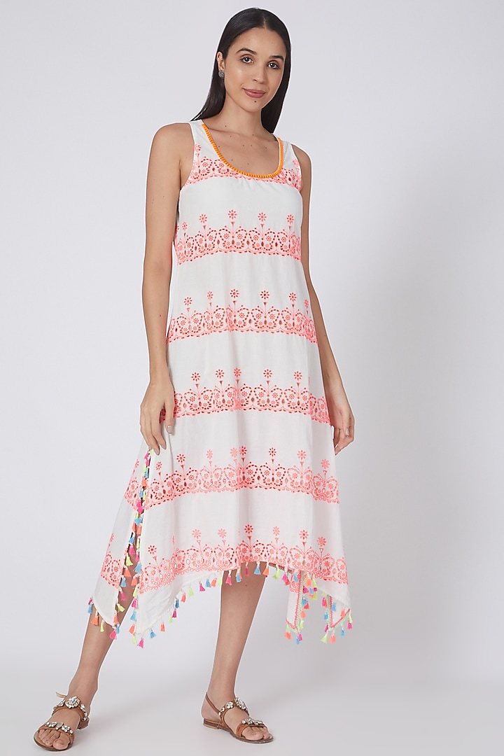 White & Neon Orange A-line Sundress by First Resort by Ramola Bachchan at Pernia's Pop Up Shop