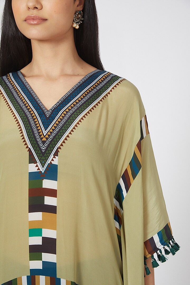 Olive Green Printed Kaftan by First Resort by Ramola Bachchan at Pernia's Pop Up Shop