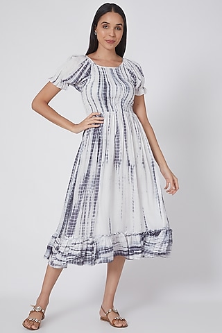 White & Indigo Printed Long Dress by First Resort by Ramola Bachchan