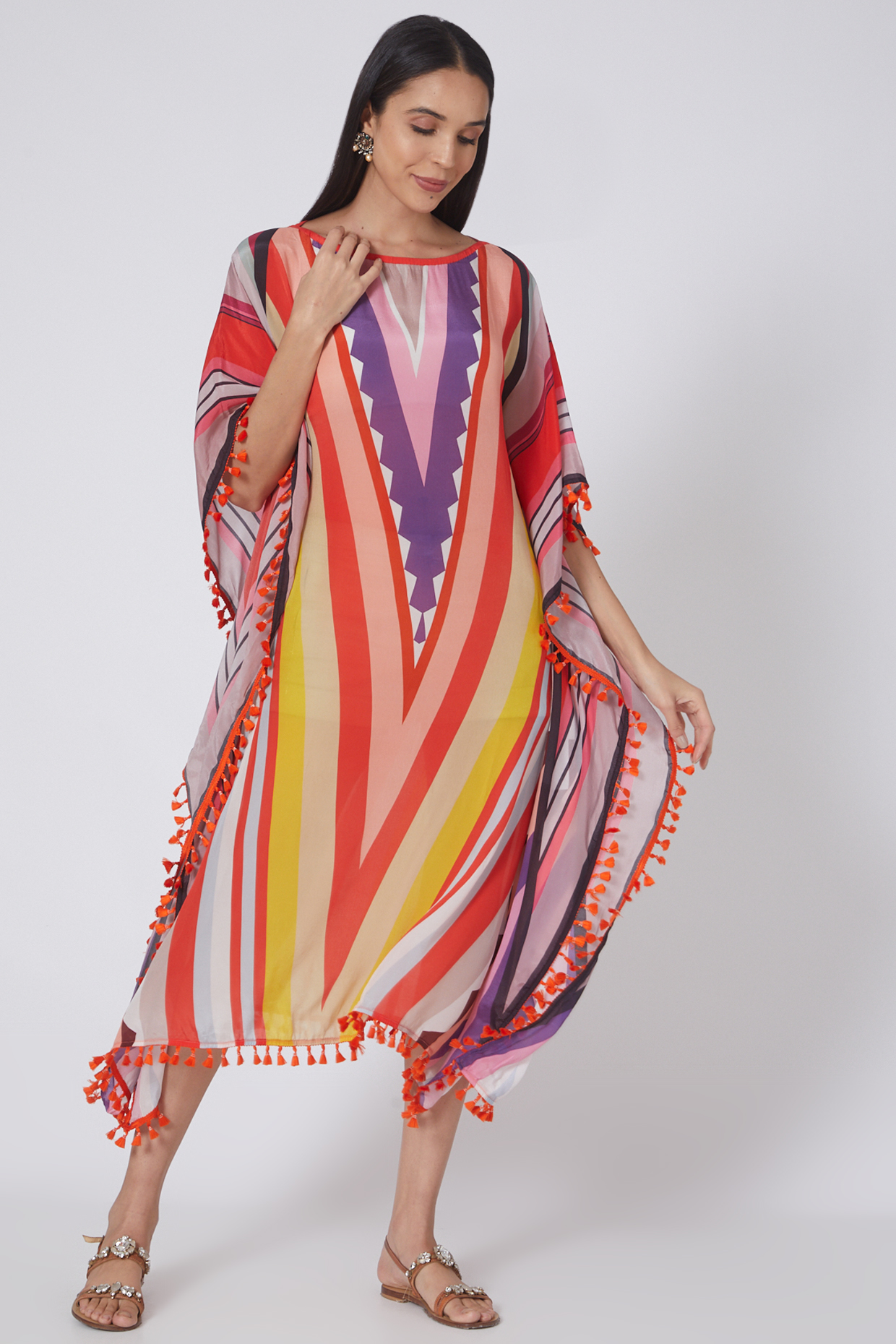 Candy Red Striped Kaftan by First Resort by Ramola Bachchan at Pernia's Pop Up Shop