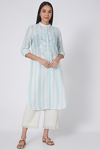 White & Mint Green Printed Shirt Kurta by First Resort by Ramola Bachchan