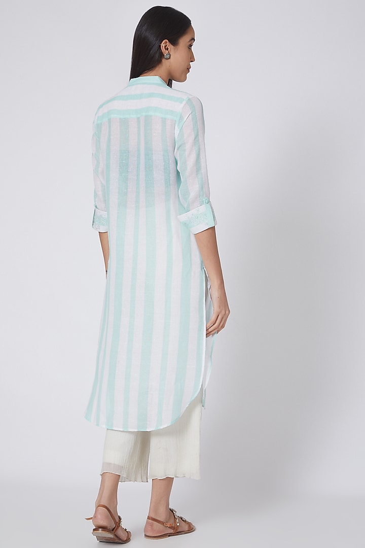 White & Mint Green Printed Shirt Kurta by First Resort by Ramola Bachchan at Pernia's Pop Up Shop