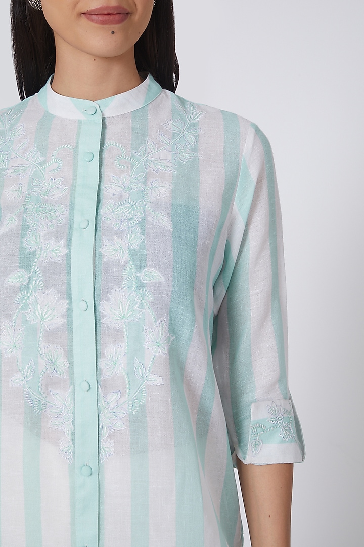 White & Mint Green Printed Shirt Kurta by First Resort by Ramola Bachchan at Pernia's Pop Up Shop