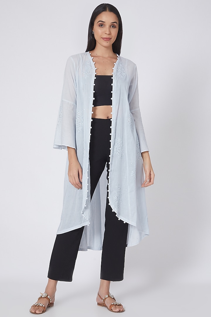 Sky Blue & Silver Embroidered Coat Dress by First Resort by Ramola Bachchan