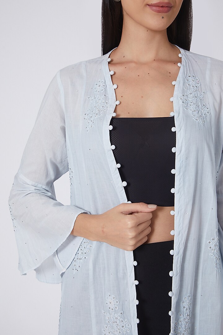 Sky Blue & Silver Embroidered Coat Summer Dress by First Resort by Ramola Bachchan at Pernia's Pop Up Shop