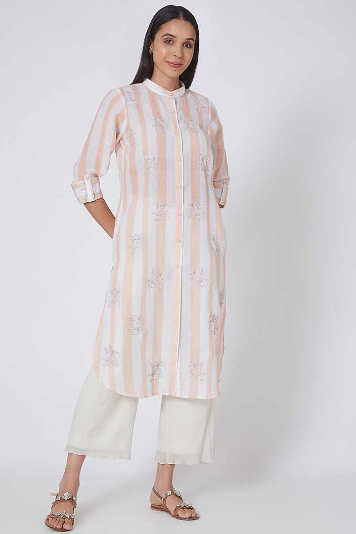 White & Nude Printed Shirt Kurta by First Resort by Ramola Bachchan at Pernia's Pop Up Shop