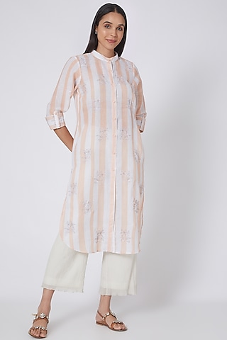 White & Nude Printed Shirt Kurta by First Resort by Ramola Bachchan