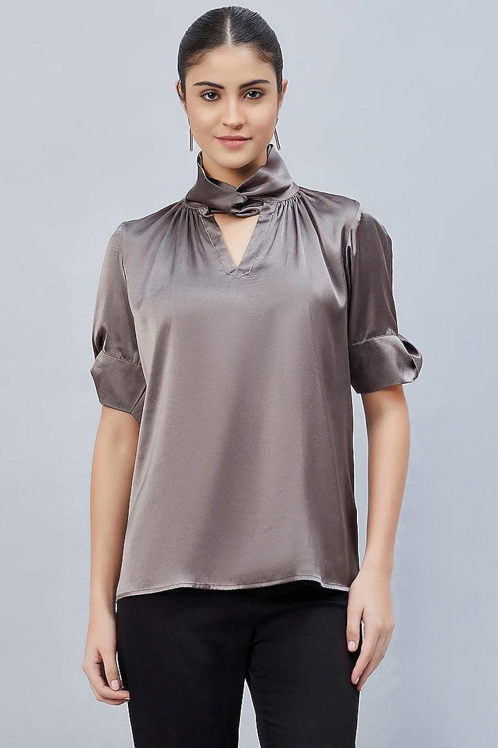 Grey Polyester Satin Embellished Top by First Resort by Ramola Bachchan at Pernia's Pop Up Shop