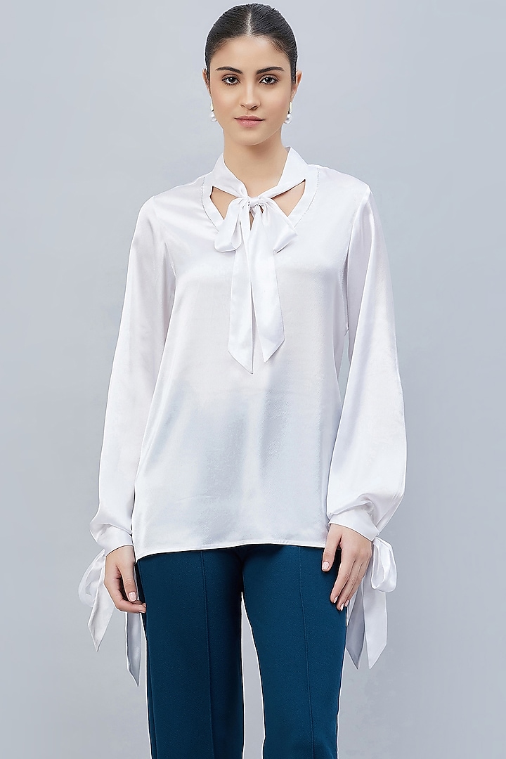 White Polyester Satin Embellished Top by First Resort by Ramola Bachchan