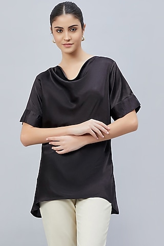 Black Polyester Satin Embellished Top by First Resort by Ramola Bachchan