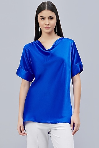 Cobalt Blue Polyester Satin Embellished Top by First Resort by Ramola Bachchan