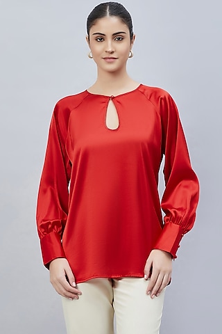 Red Polyester Satin Embellished Top by First Resort by Ramola Bachchan